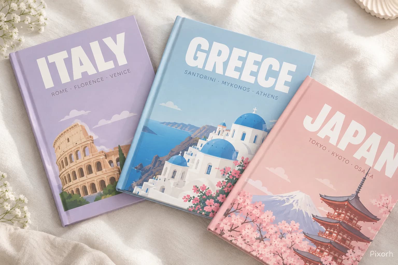 Italy, Greece and Japan photobooks laid out on white linen
