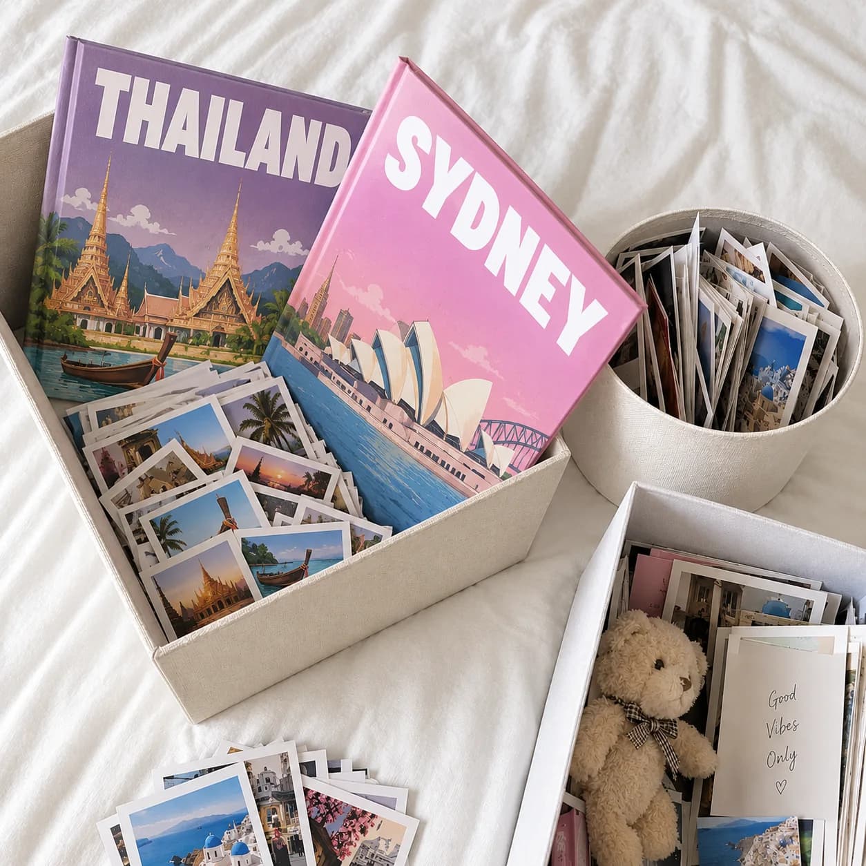 Thailand and Sydney photobooks in an open keepsake box of prints, with a teddy bear beside it
