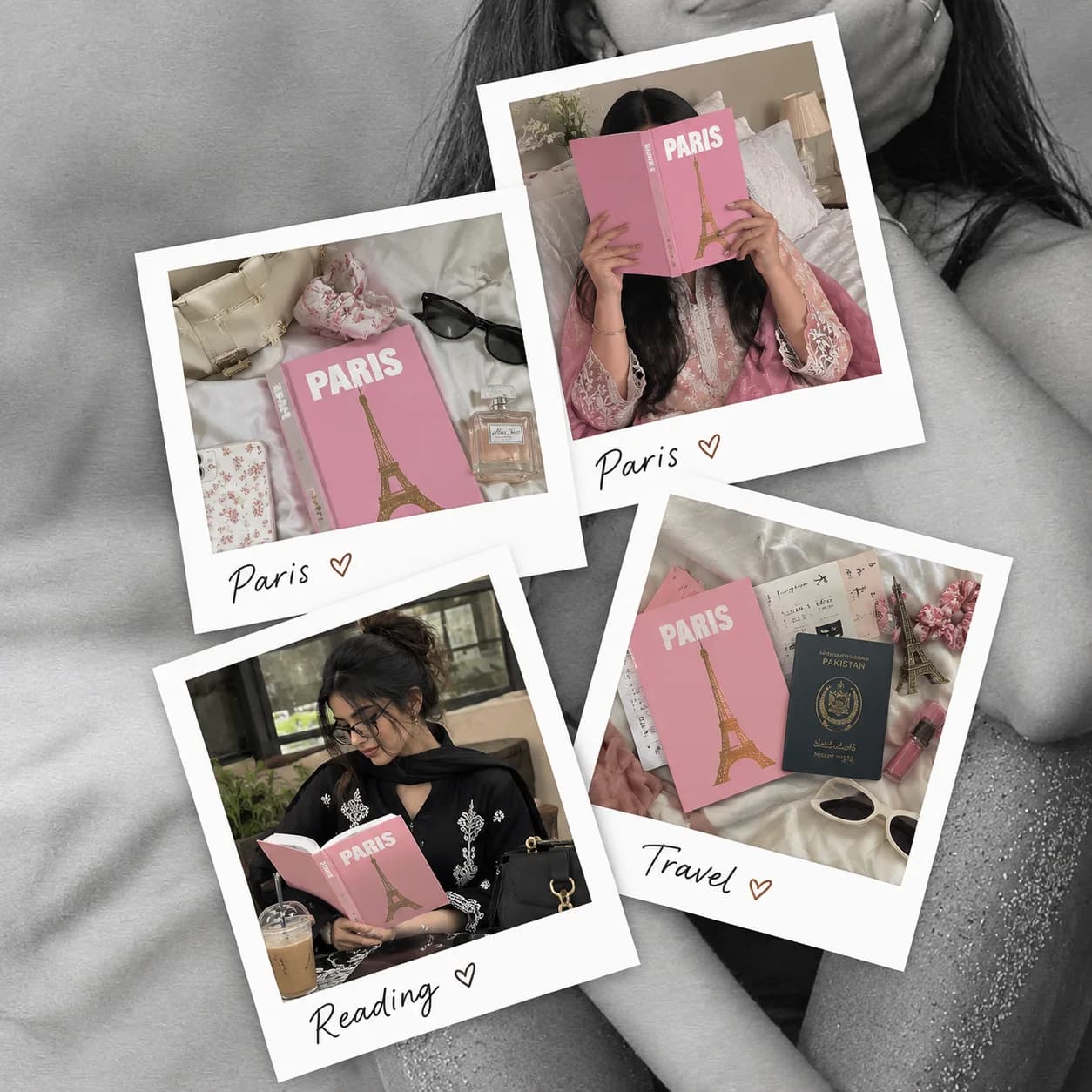 Four polaroids of Paris photobooks: on a bed beside sunglasses and perfume, held up in front of a face, being read at a café, and beside a passport